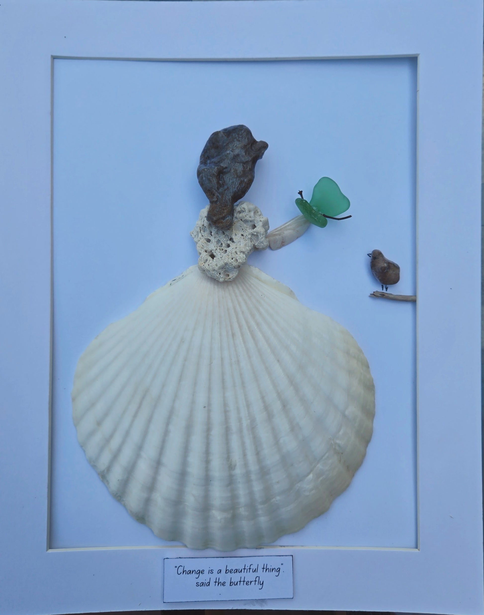 pebble art, girl holding butterfly, sea glass, gift for teen