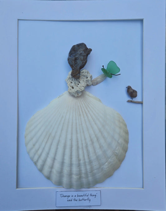 pebble art, girl holding butterfly, sea glass, gift for teen