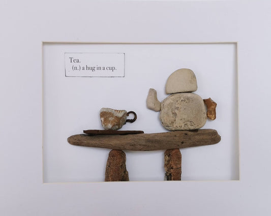 Pebble art tea cup.  Tea a hug in a cup. Fossils